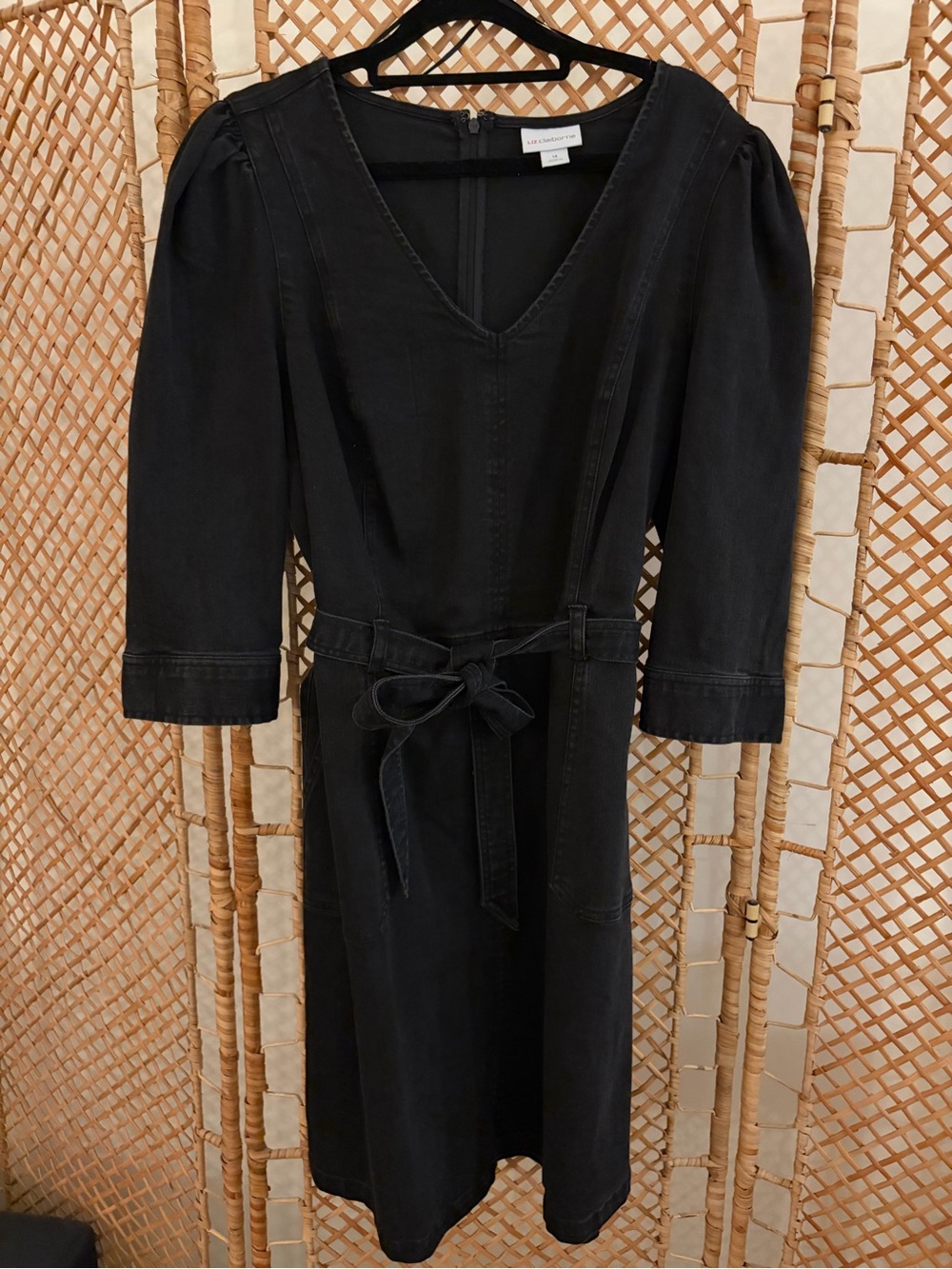 Black V-Neck Knee-Length Denim Dress with Tie Waist